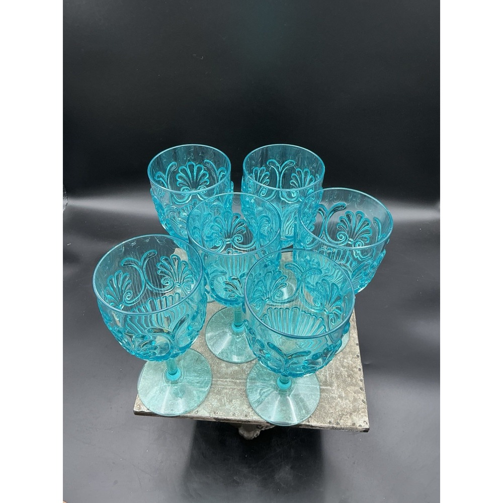 Set of 6 Le Cadeaux Outdoor Plastic Goblets Wine Glasses Fleur Teal Turquoise - Picture 2 of 9